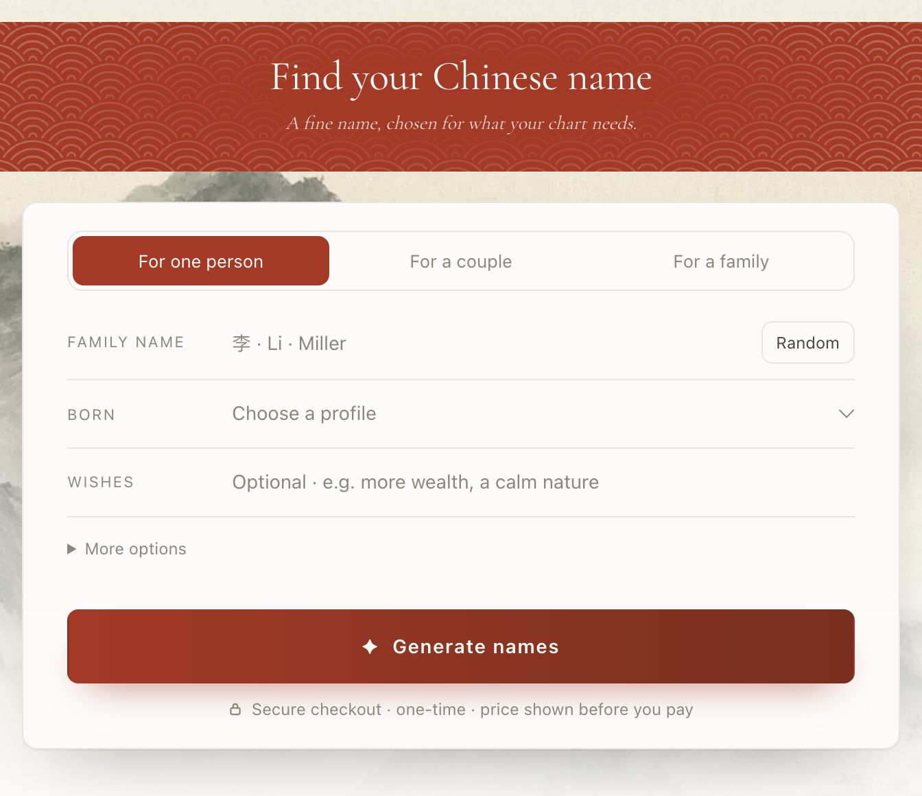 Chinese Name: Start from your surname — names for yourself, a couple, or a whole family with generation characters.