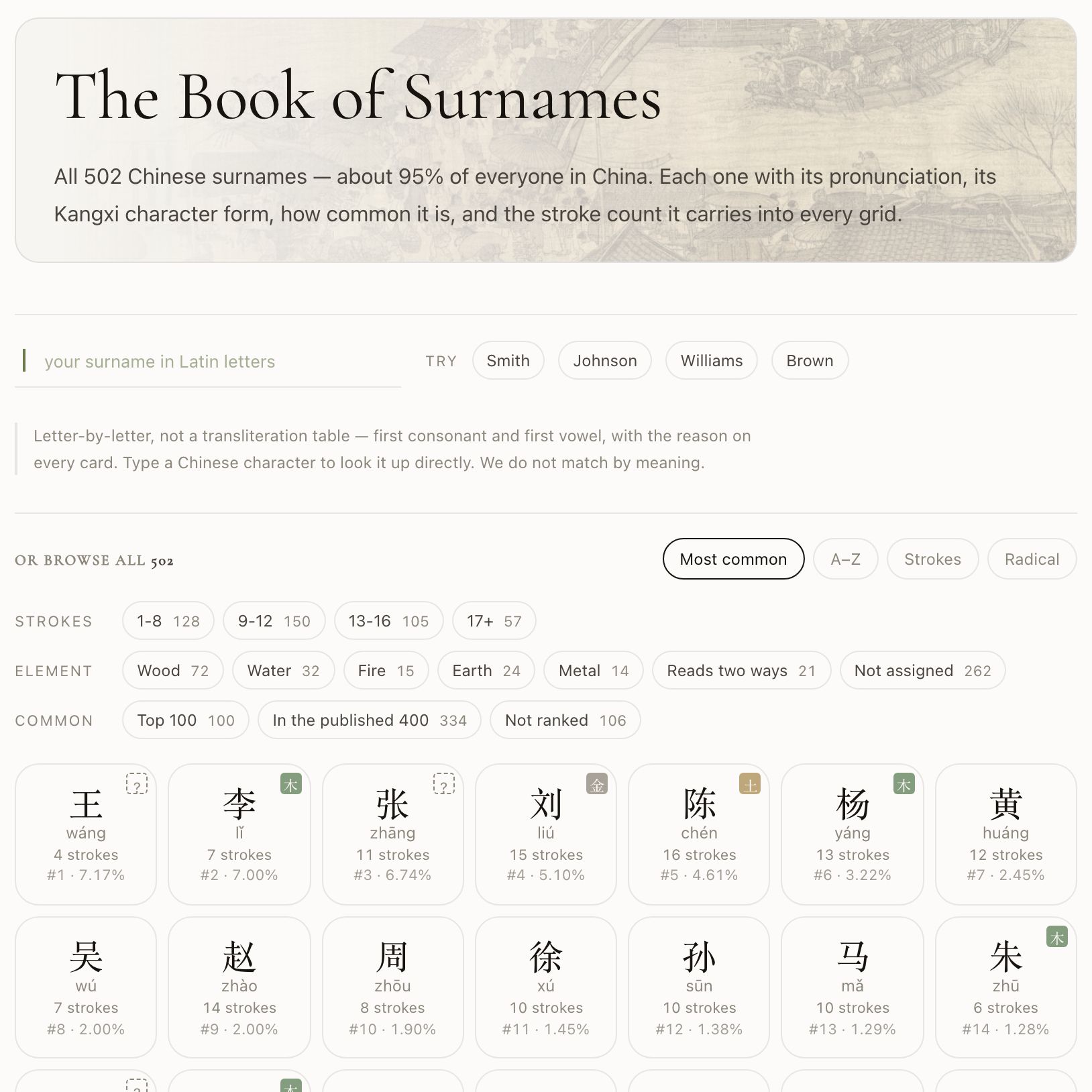 Surname Book: Over 500 Chinese surnames, with pinyin, how common each is, and the strokes it carries.